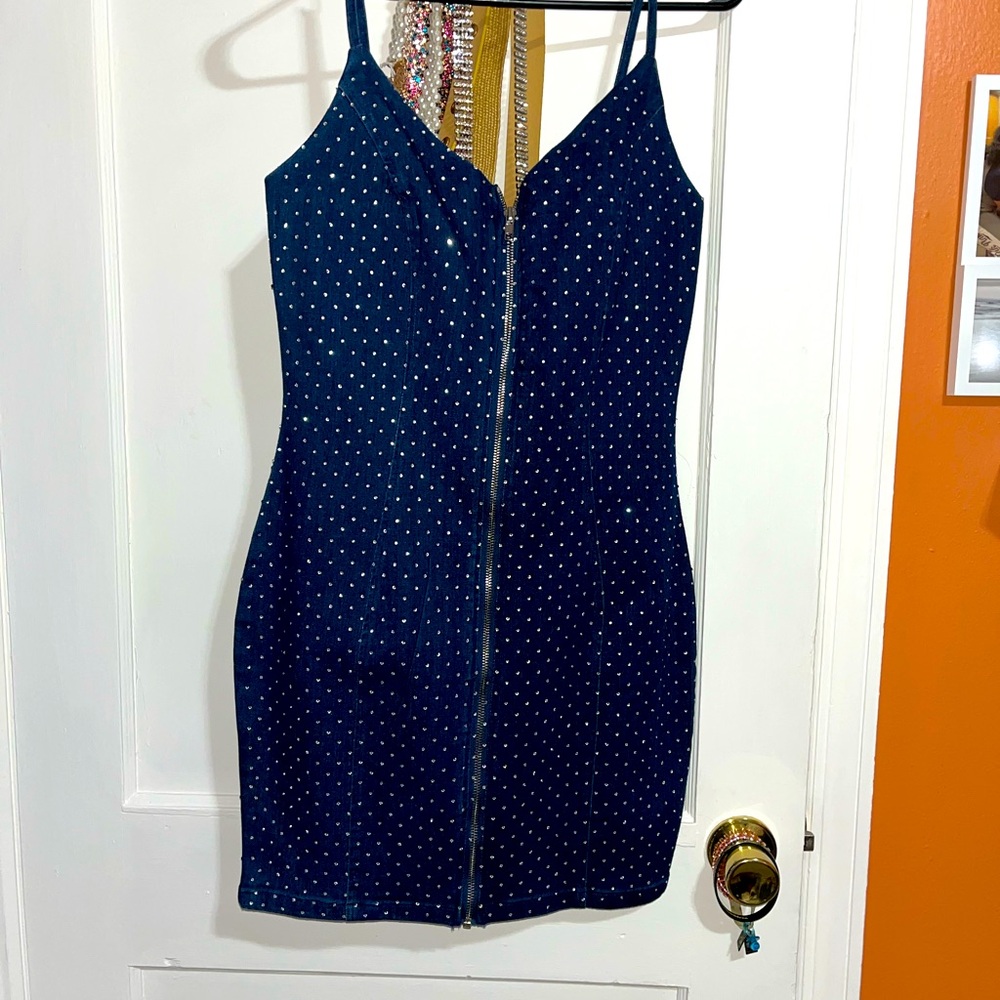 Women’s denim rhinestone dress.